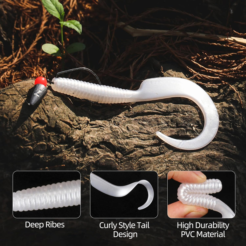 Curly Style Tail Worms Fishing Lures – Realistic Wavy Tail Soft Bait Grub Swimbaits for Saltwater & Freshwater Fishing, Available in 4 Inch & 6 Inch, Perfect for Bass, Trout, Crappie, & More