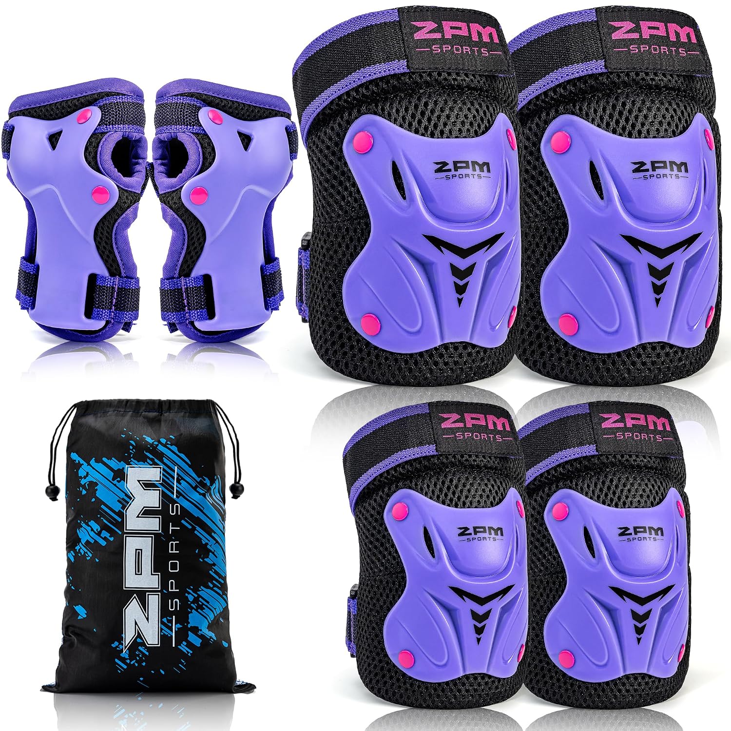 2PM SPORTS Knee Pads for Kids, Wrist Guards Knee and Elbow Pads Set with Drawstring Bag, Protective Gear Set for Girls Boys Roller Skating Cycling Skateboard - Purple Medium