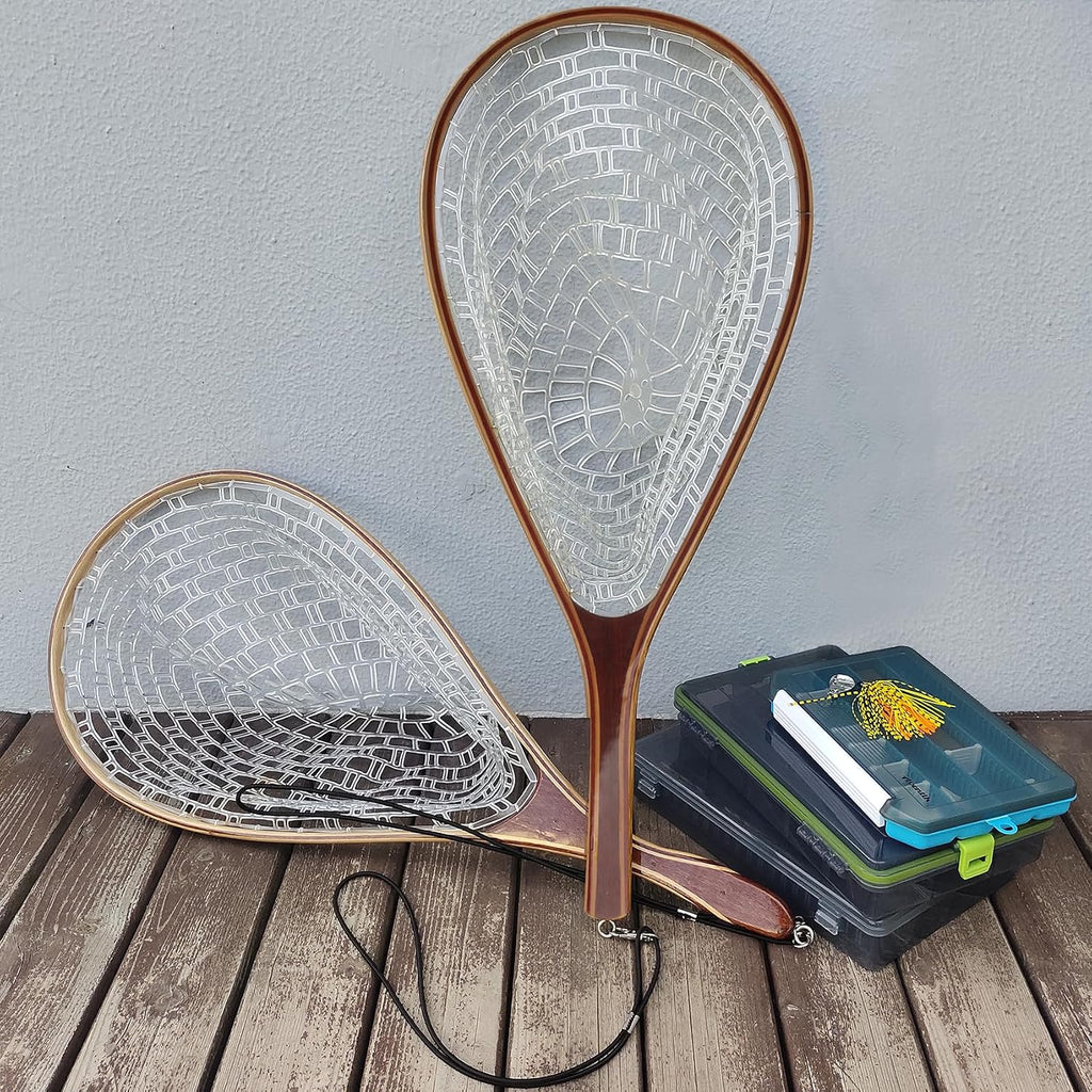 Aventik Fly Fishing Landing Net for Trout Soft Rubber Ghost Mesh Catch and Release Wooden Frame Lightweight and Tangle-Free