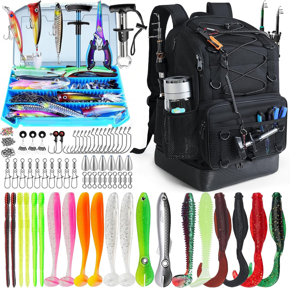 Fishing Backpack with Tackle Boxes and Rod Holder, Cooler, 30L Large Tackle Bag with Fishing Gear Lures Kit, Waterproof Bottom tackle Backpack Fish Set Gifts for Men Women-Black Back Pack
