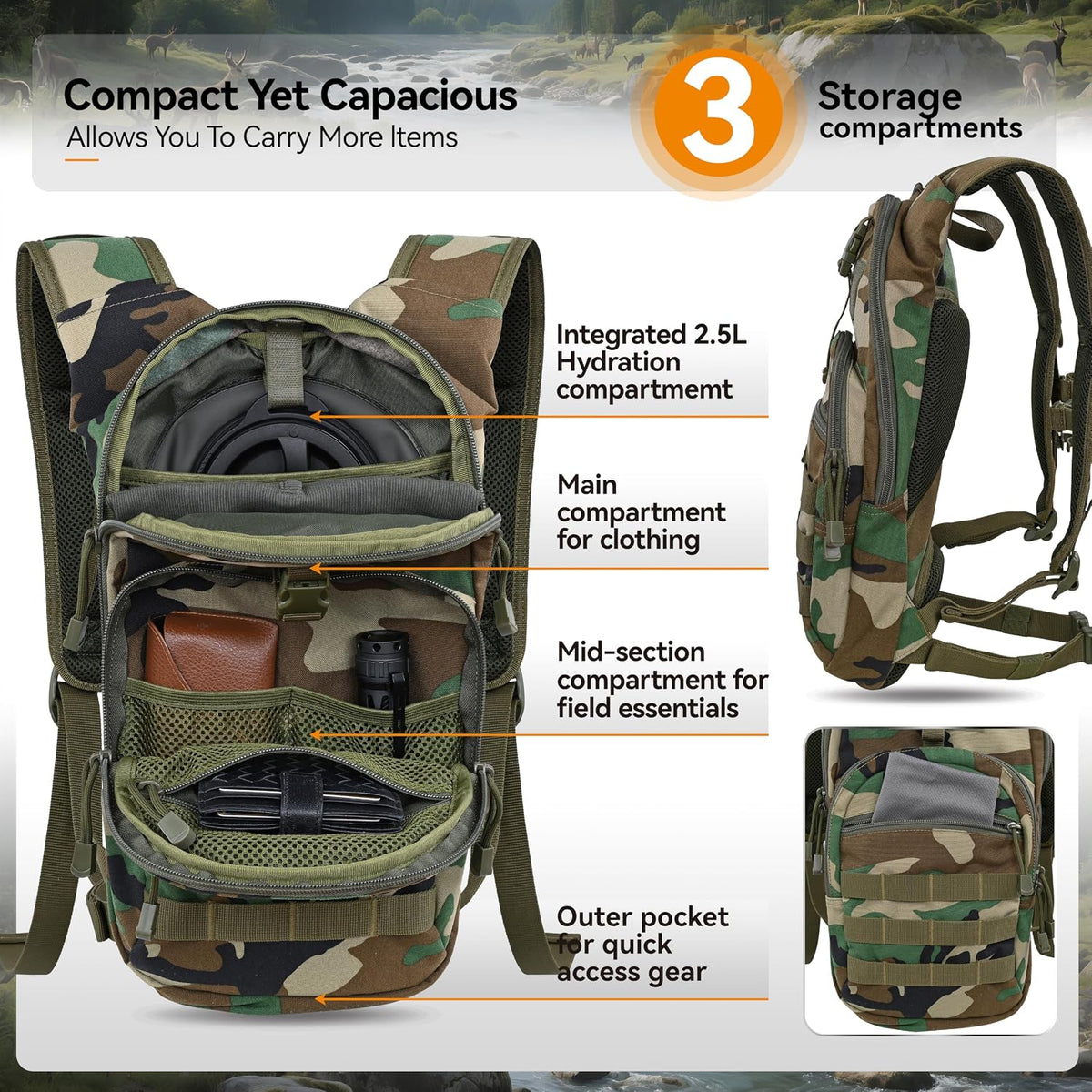 MARCHWAY Tactical Molle Hydration Pack with 2.5L TPU Water Bladder, Low-Profile Organized Military Backpack for Hiking, Cycling, Backpacking, Hunting, Running