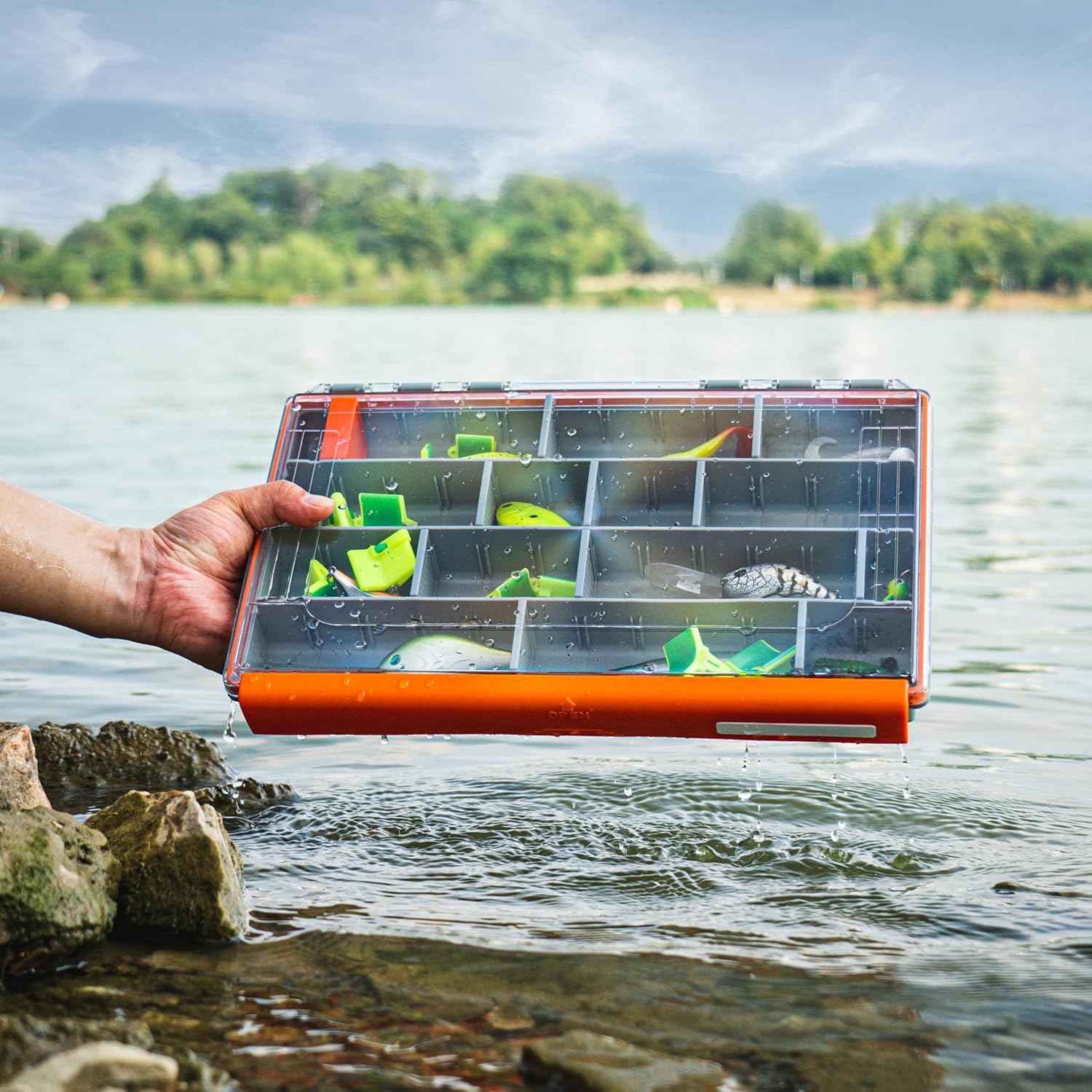 RUNCL Fishing Tackle Box - 360° Waterproof Tackle Trays, 3600 Fishing Tackle Box Organizer with Adjustable Dividers for Jigs Lures, Orange, 1 Pack