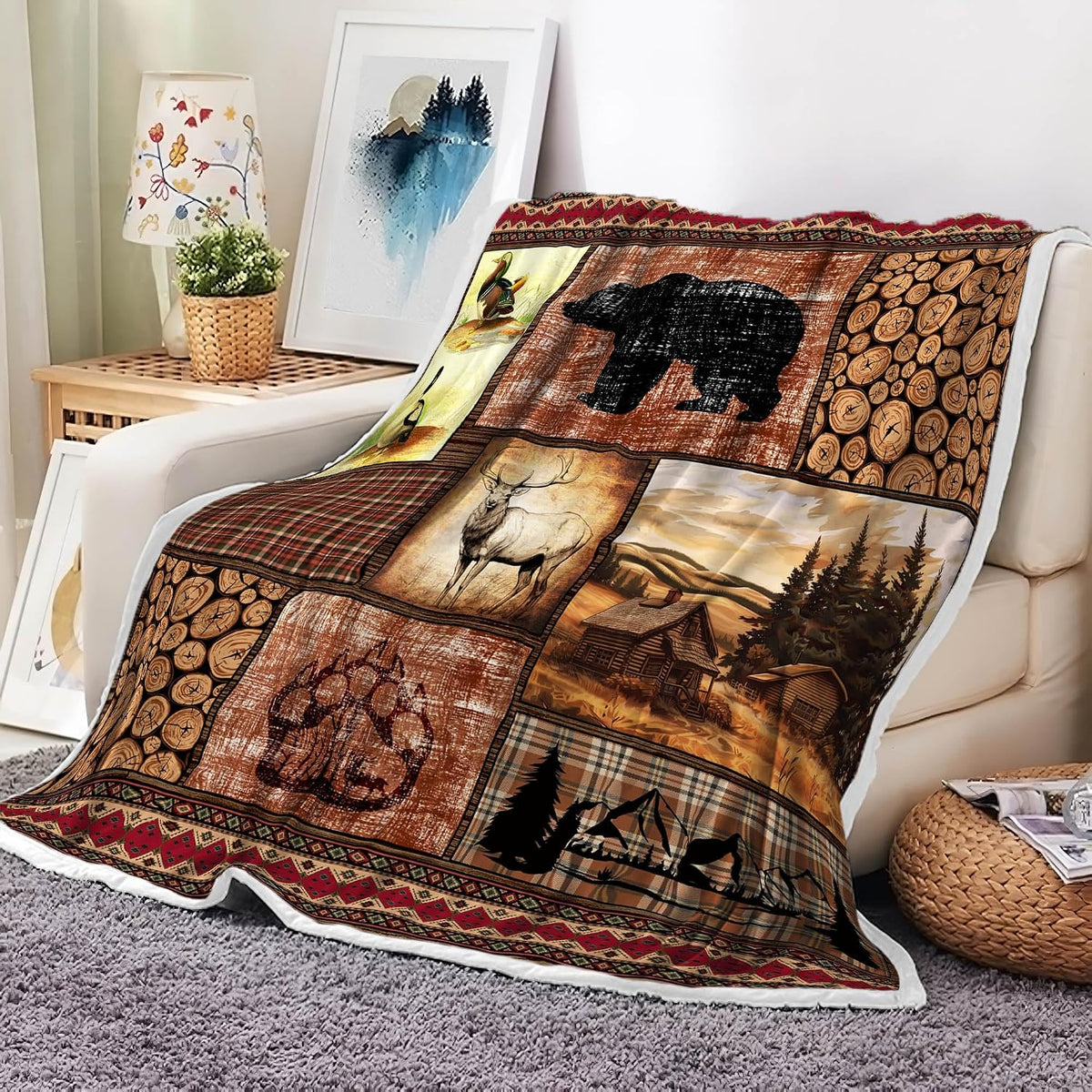 Torich Cabin Bear Throw Blankets, Rustic Lodge Brown Wooden Country Hunting Wild Animal Cozy Warm Bed Couch Blanket, White Fleece Flannel Throws to Decorate The Room and Bedroom Travel