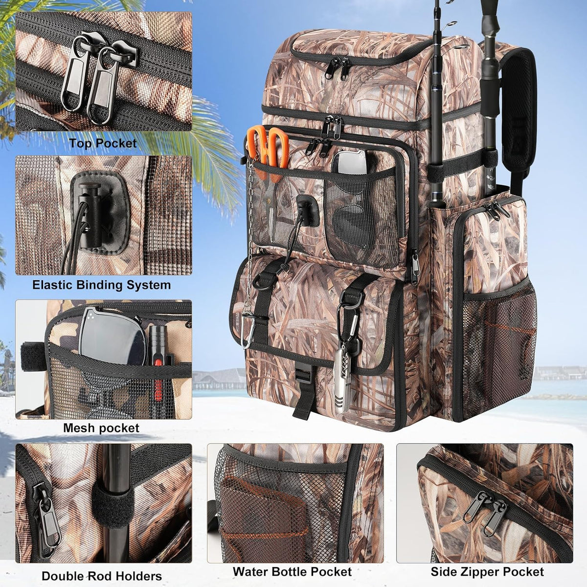 VJI 52L Large Fishing Tackle Backpack with Rod Holders, Reed Beige