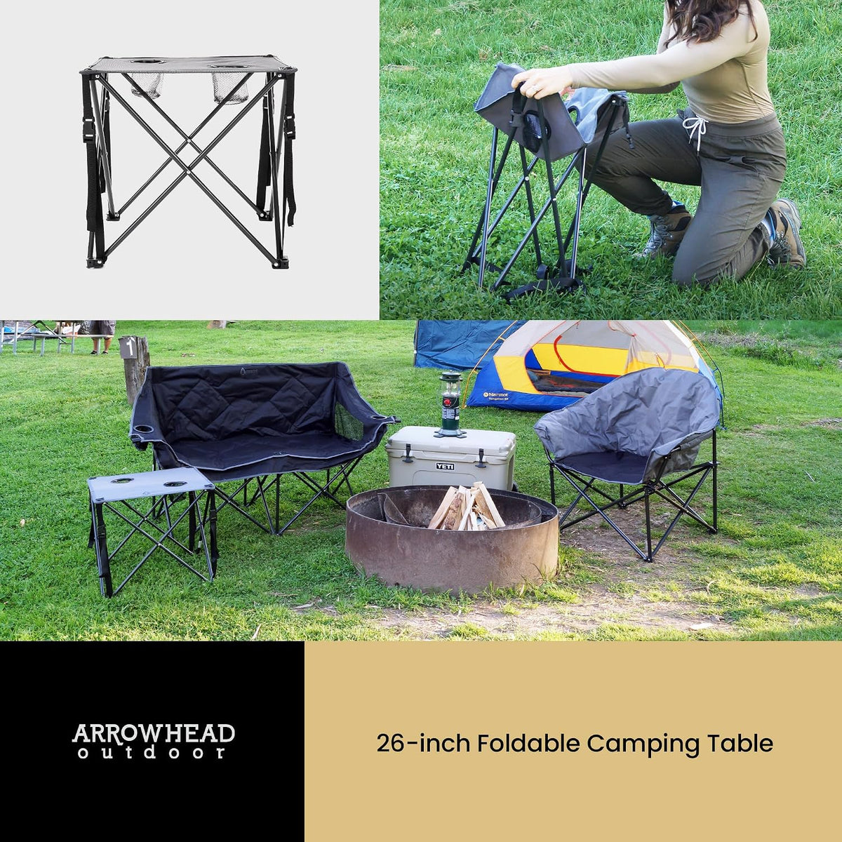 ARROWHEAD OUTDOOR 26” (66cm) Portable Camping Folding Table, 2 Cup Holders, Square, Carrying Case, Steel Frame, High-Grade 600D Canvas