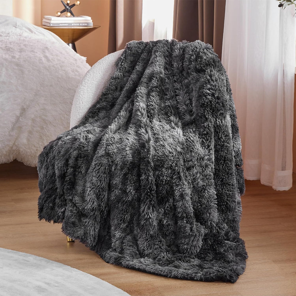 Bedsure Faux Fur Fluffy Sherpa Blanket Couch Throw Tie Dye Black 50"x60"