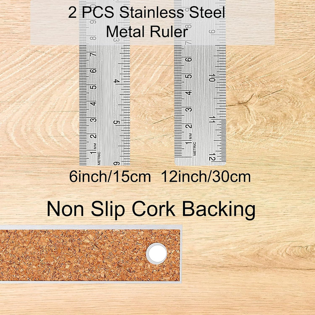 Metal Ruler with Cork Backing, 6 Inch & 12 Inch, Non-Slip Straight Edge