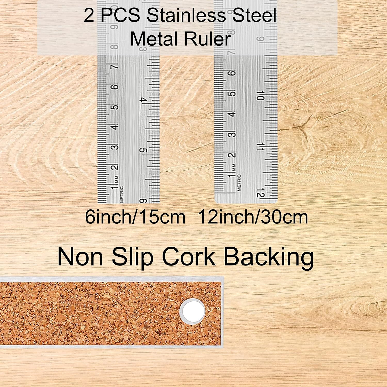 Metal Ruler with Cork Backing, 6 Inch & 12 Inch, Non-Slip Straight Edge