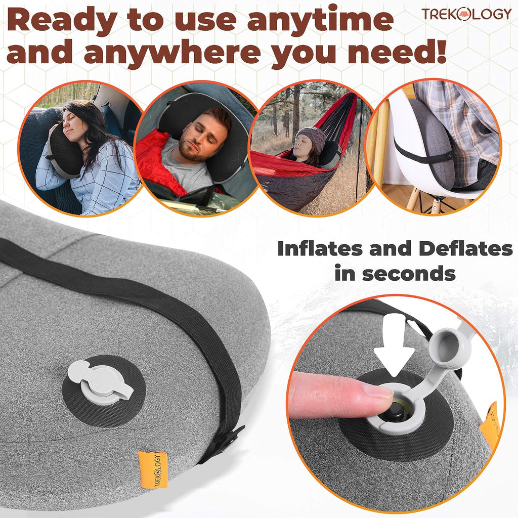 TREKOLOGY Lightweight Travel Pillow – Compact Inflatable Camping Pillow for Backpacking, Travel, Plane, or Hammock – Neck & Lumbar Support, Washable Cover, Two-Way Valve – Ultralight Hiking Gear