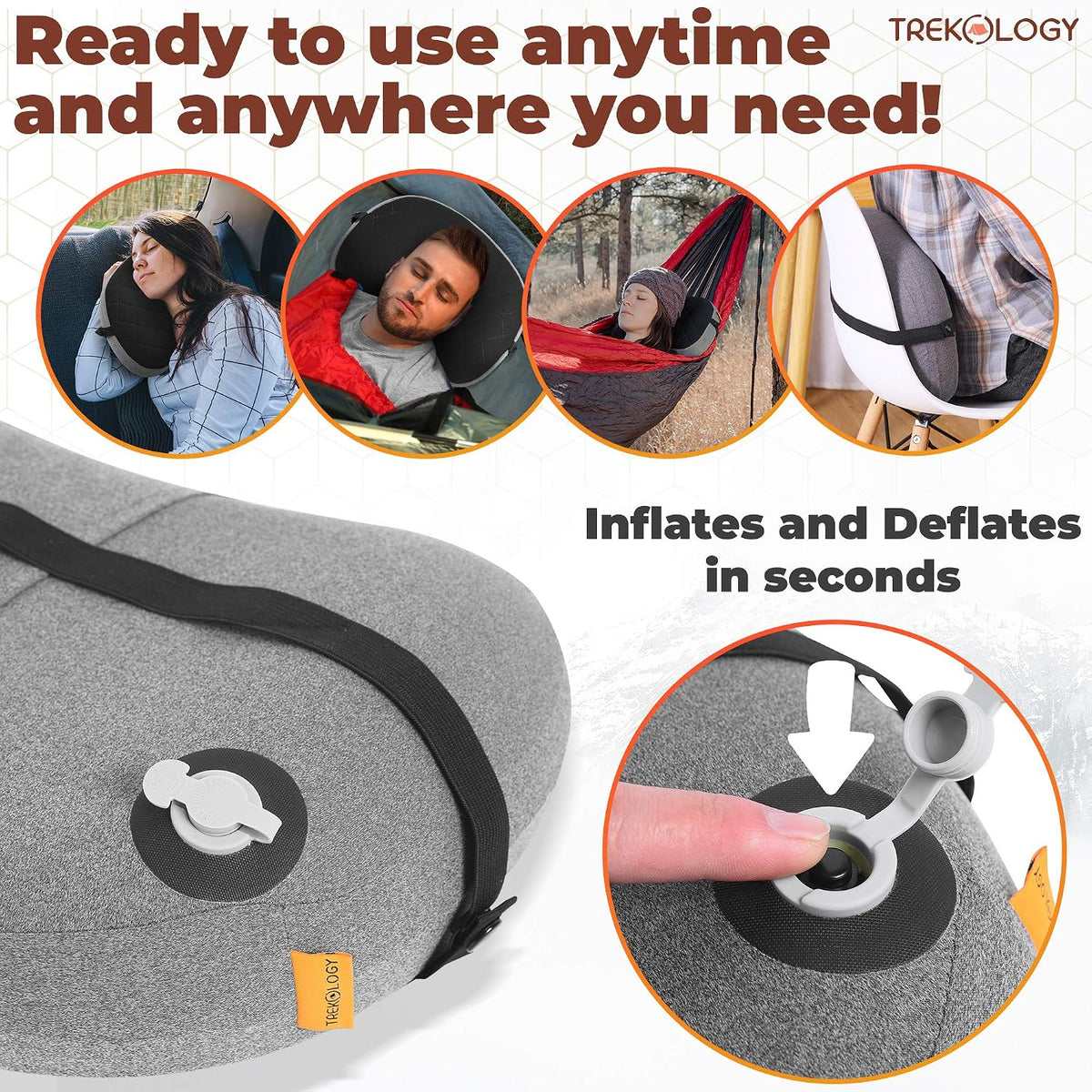 TREKOLOGY Lightweight Travel Pillow – Compact Inflatable Camping Pillow for Backpacking, Travel, Plane, or Hammock – Neck & Lumbar Support, Washable Cover, Two-Way Valve – Ultralight Hiking Gear
