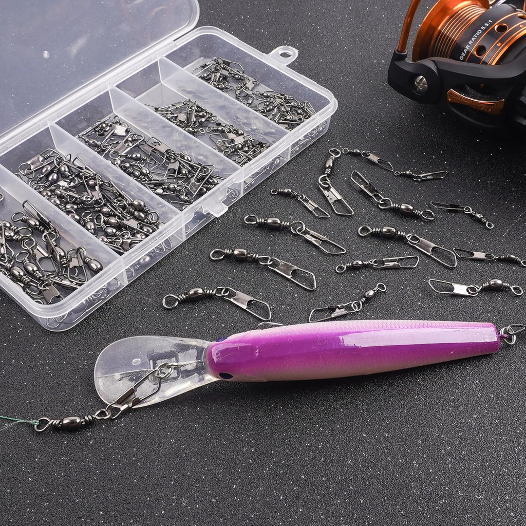 150pcs Fishing Swivels Snaps Kit, Barrel Swivels Fishing Tackle with Stainless Steel Safety Snaps, High Strength Fish Leader Line Connect for Saltwater Freshwater