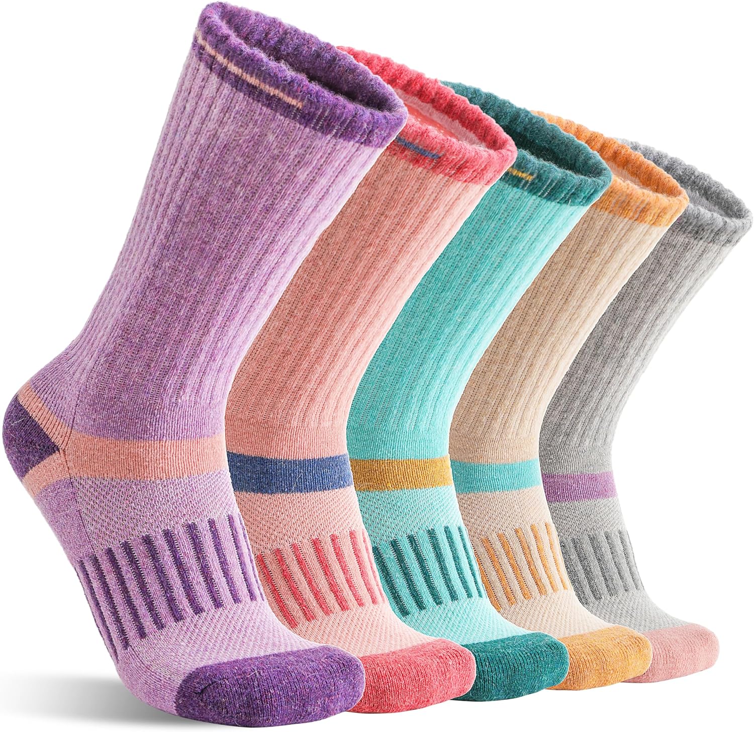 MOGGEI 5 Pairs Merino Wool Hiking Socks Warm Thermal Winter Cozy Cushioned Moisture Wicking Socks for Women & Men