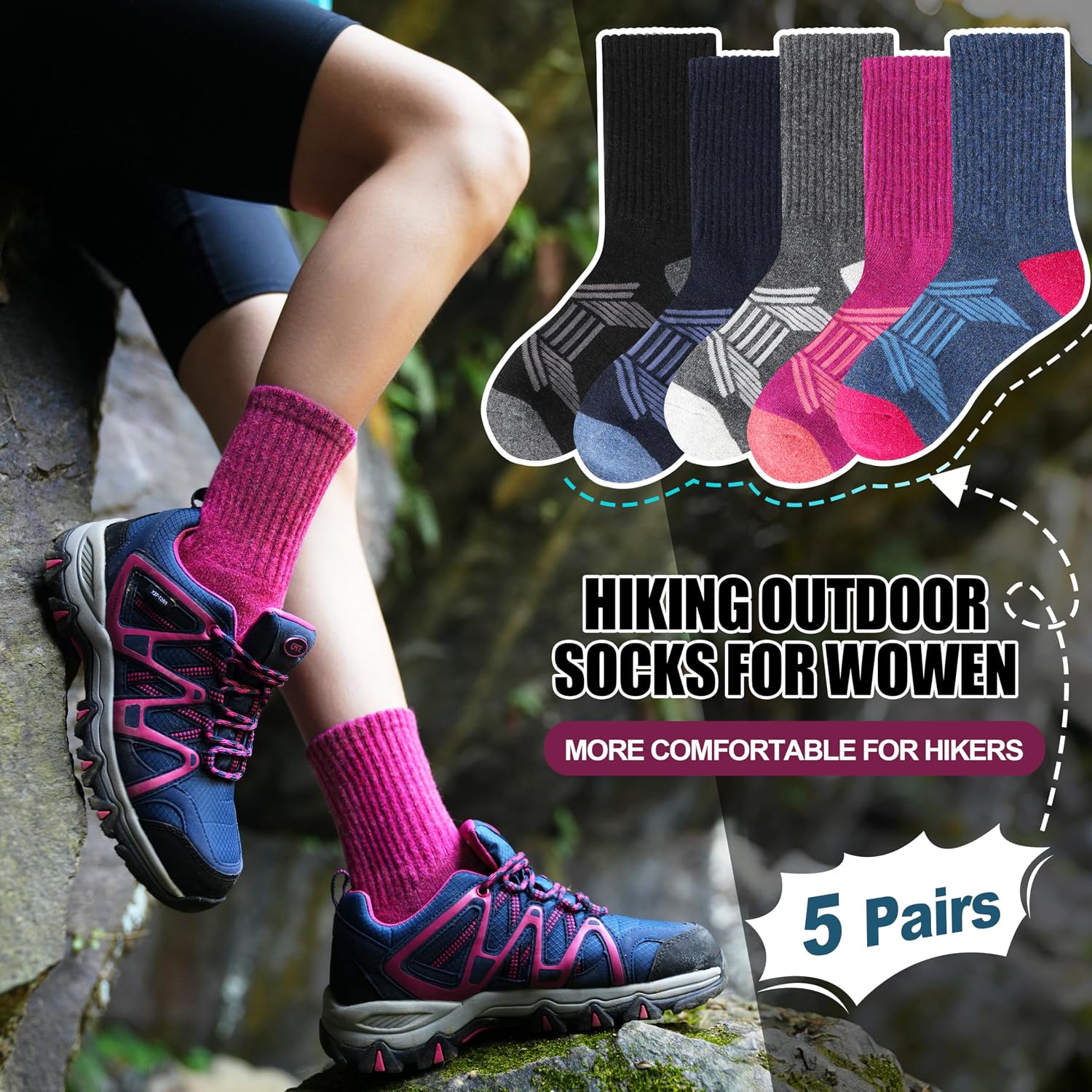 EBMORE 5 Pairs Womens Merino Wool Hiking Socks Thermal Warm Winter Boot Crew Cushion Work Gift Socks