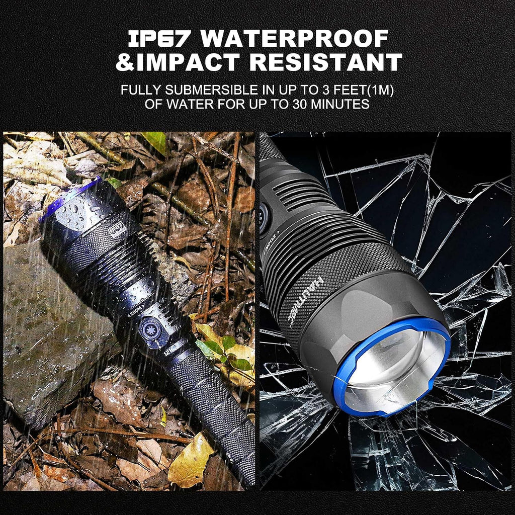 HAUTMEC Rechargeable Flashlights 12000 High Lumens Flashlight, 5 Light Modes Bright Flashlight, 2X Zoom, IP67 Waterproof & Impact-Resistant, and Power Bank, for Emergencies, Hunting, Camping, Hiking