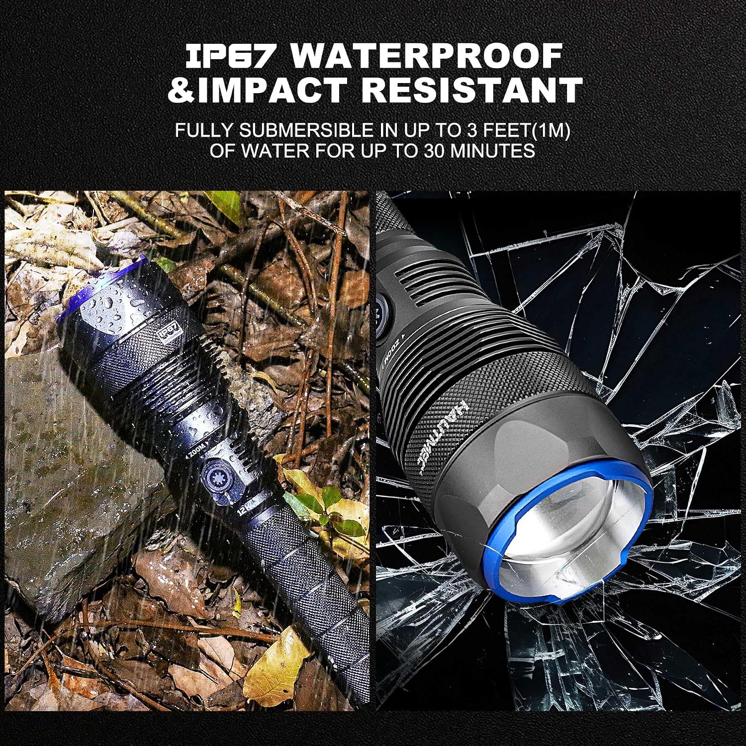 HAUTMEC Rechargeable Flashlights 12000 High Lumens Flashlight, 5 Light Modes Bright Flashlight, 2X Zoom, IP67 Waterproof & Impact-Resistant, and Power Bank, for Emergencies, Hunting, Camping, Hiking