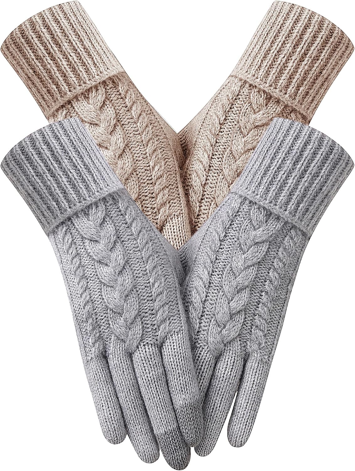 2 Pairs Winter Gloves for Women Cold Weather, Touch Screen Thermal Warm Fleece Lined Knit Gloves for Christmas Gifts