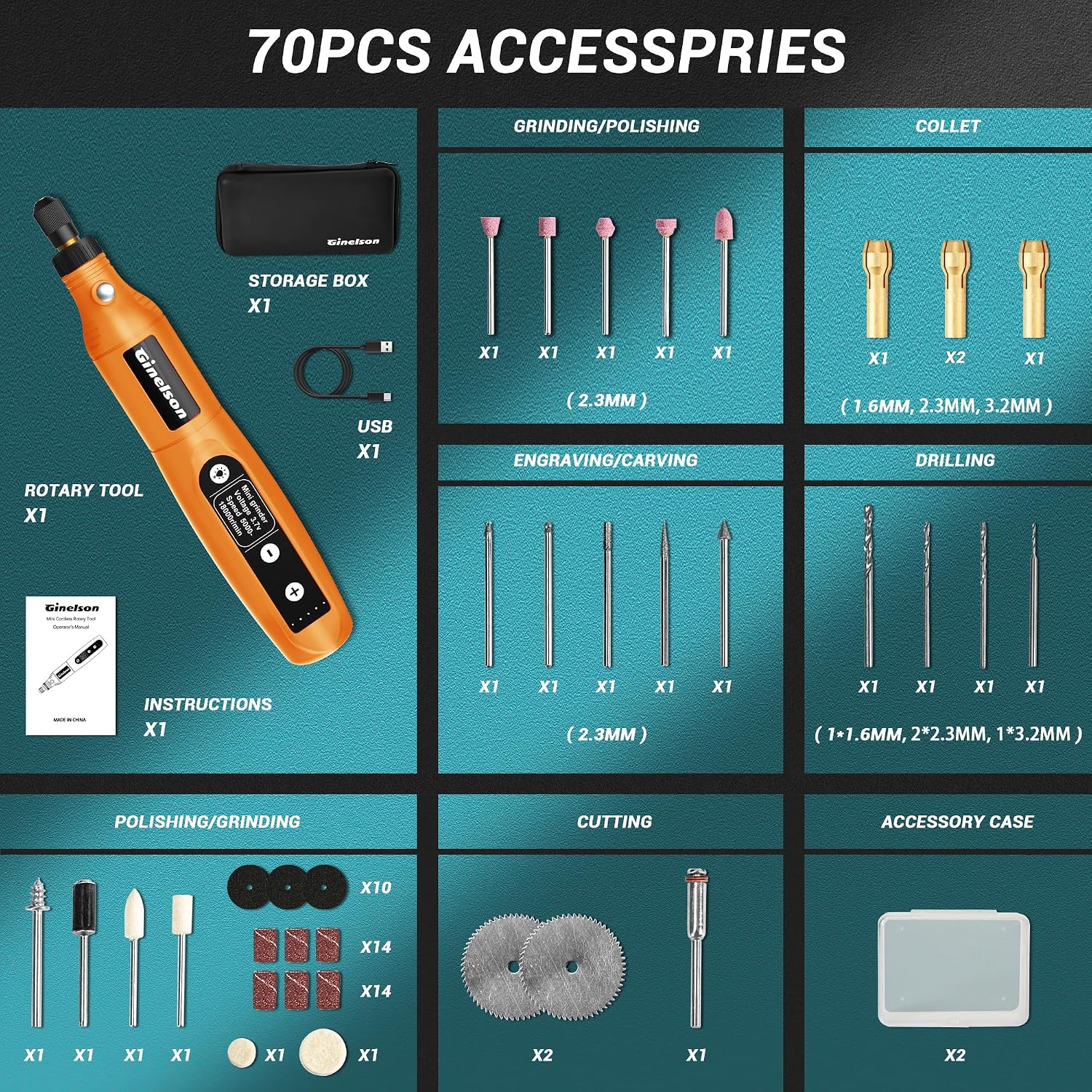 Cordless Rotary Tool, 5 Variable Speed Mini Rotary Tool Kit with 70 Accessories, 3.7V Type-C Charging Power Rotary Tool for Engraving, Sanding, Polishing, Carving, Cutting, DIY Crafts