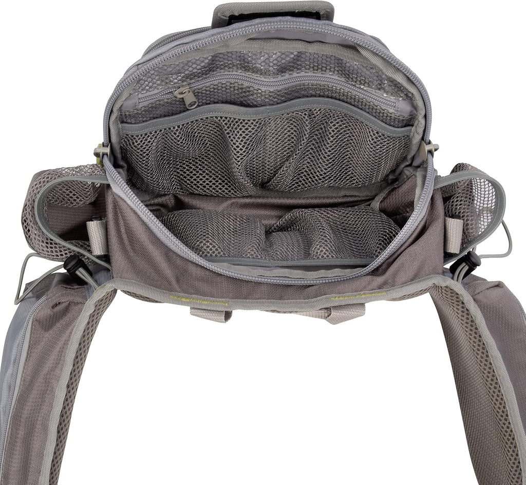 Allen Company Eagle River Lumbar Fly Fishing Pack - Holds 6 Fly Boxes, Zip‑Down Workstation, Waist Bottle Pockets, Durable Outdoor Waist Pack - Gray/Lime and Olive Green
