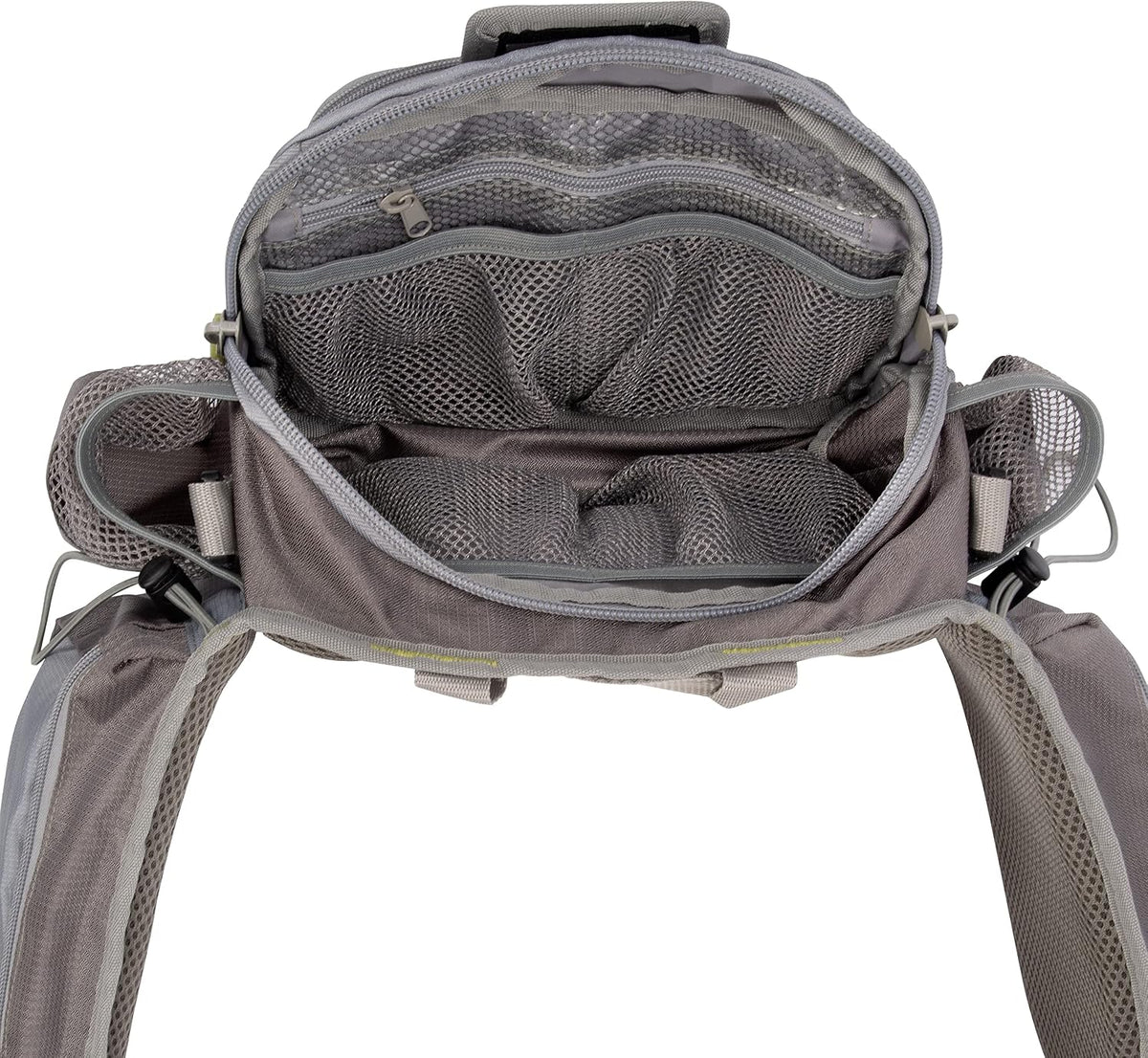 Allen Company Eagle River Lumbar Fly Fishing Pack - Holds 6 Fly Boxes, Zip‑Down Workstation, Waist Bottle Pockets, Durable Outdoor Waist Pack - Gray/Lime and Olive Green