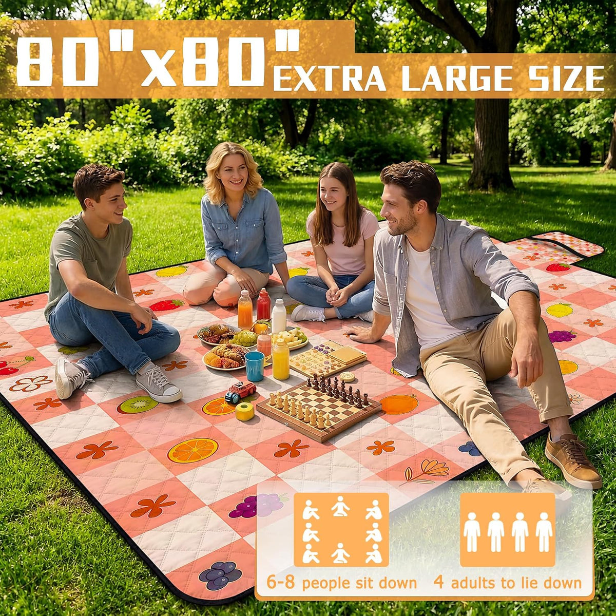 Picnic Blankets Outdoor Blanket,80"x 80" Extra Large Waterproof Sandproof Foldable Beach Blanket Grid Picnic Mat for Camping,Lawn,Park(Pink)