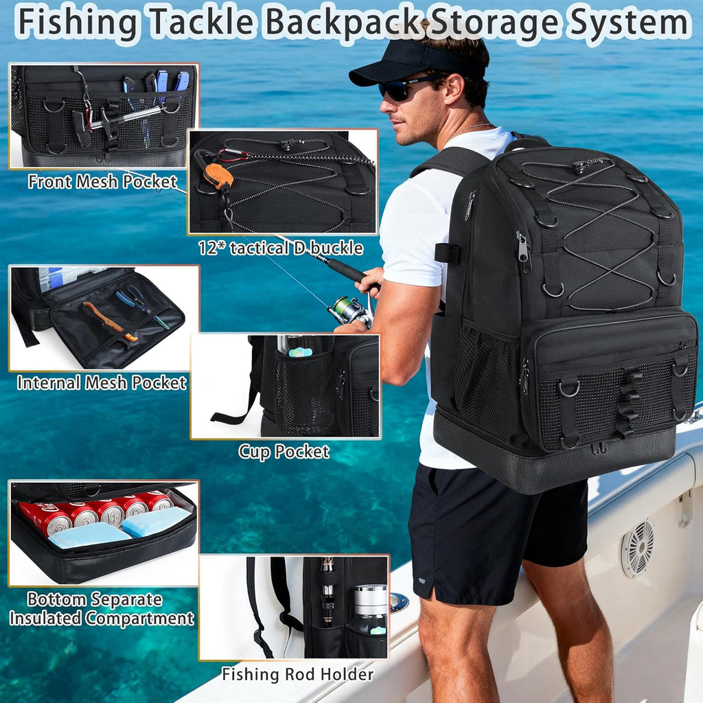 Fishing Backpack with 4 Tackle Boxes, Heavy Duty Fishing Bag with Waterproof Bottom, Tackle Backpack Gifts for Man Woman-Pure Black