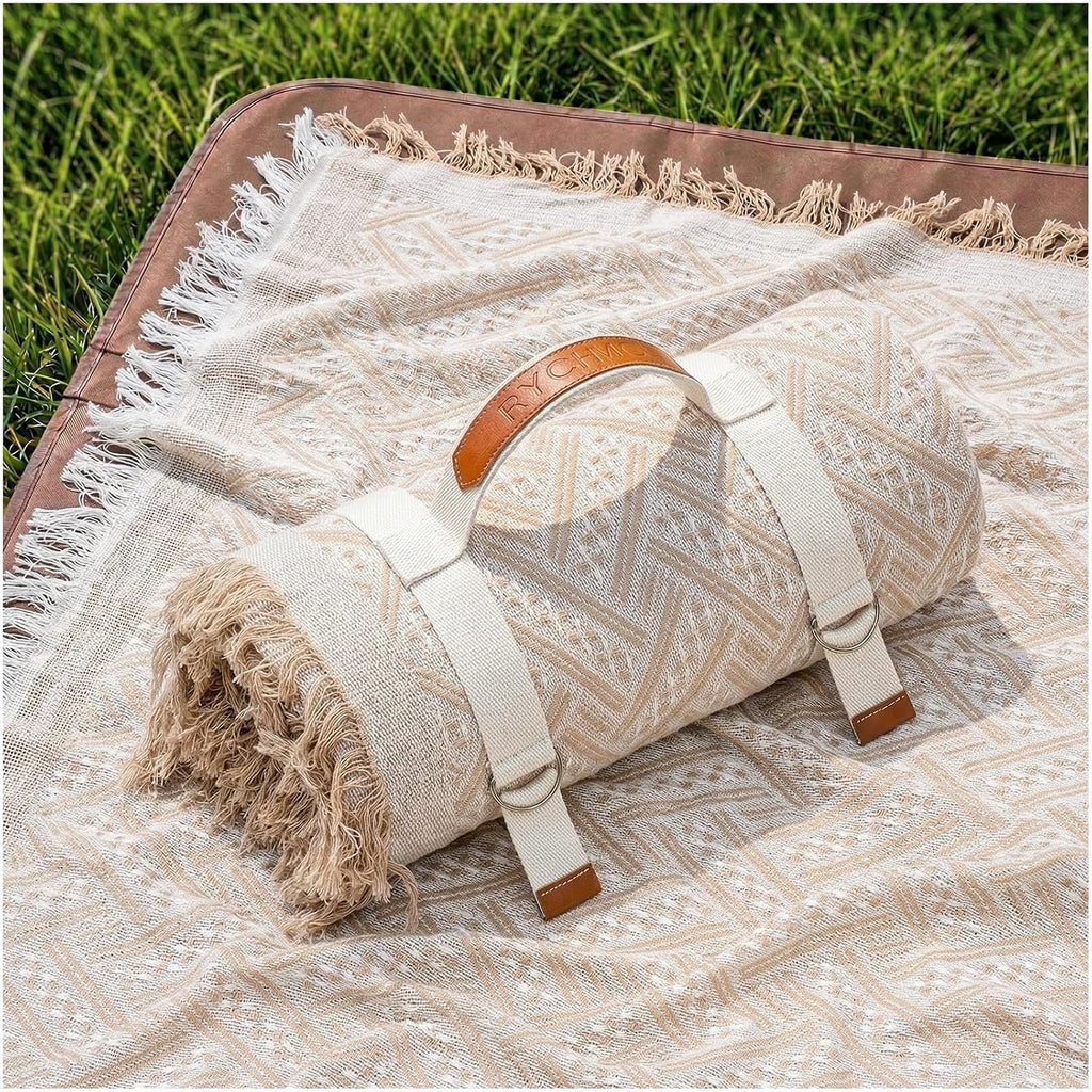 RYCHIC 2 in 1 Extra Large Boho Beach Blanket Towel Sand Free Outdoor Rug Picnic Mat Giant Oversized XL Jumbo Turkish Woven Throw Summer Vacation Essential Travel Must Have Accessories Women Gift
