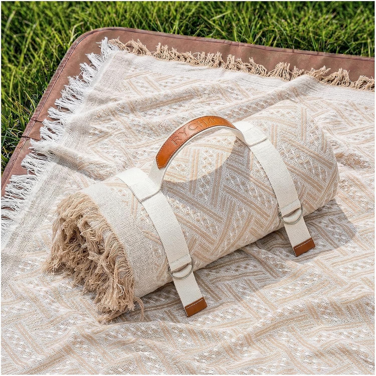 RYCHIC 2 in 1 Extra Large Boho Beach Blanket Towel Sand Free Outdoor Rug Picnic Mat Giant Oversized XL Jumbo Turkish Woven Throw Summer Vacation Essential Travel Must Have Accessories Women Gift