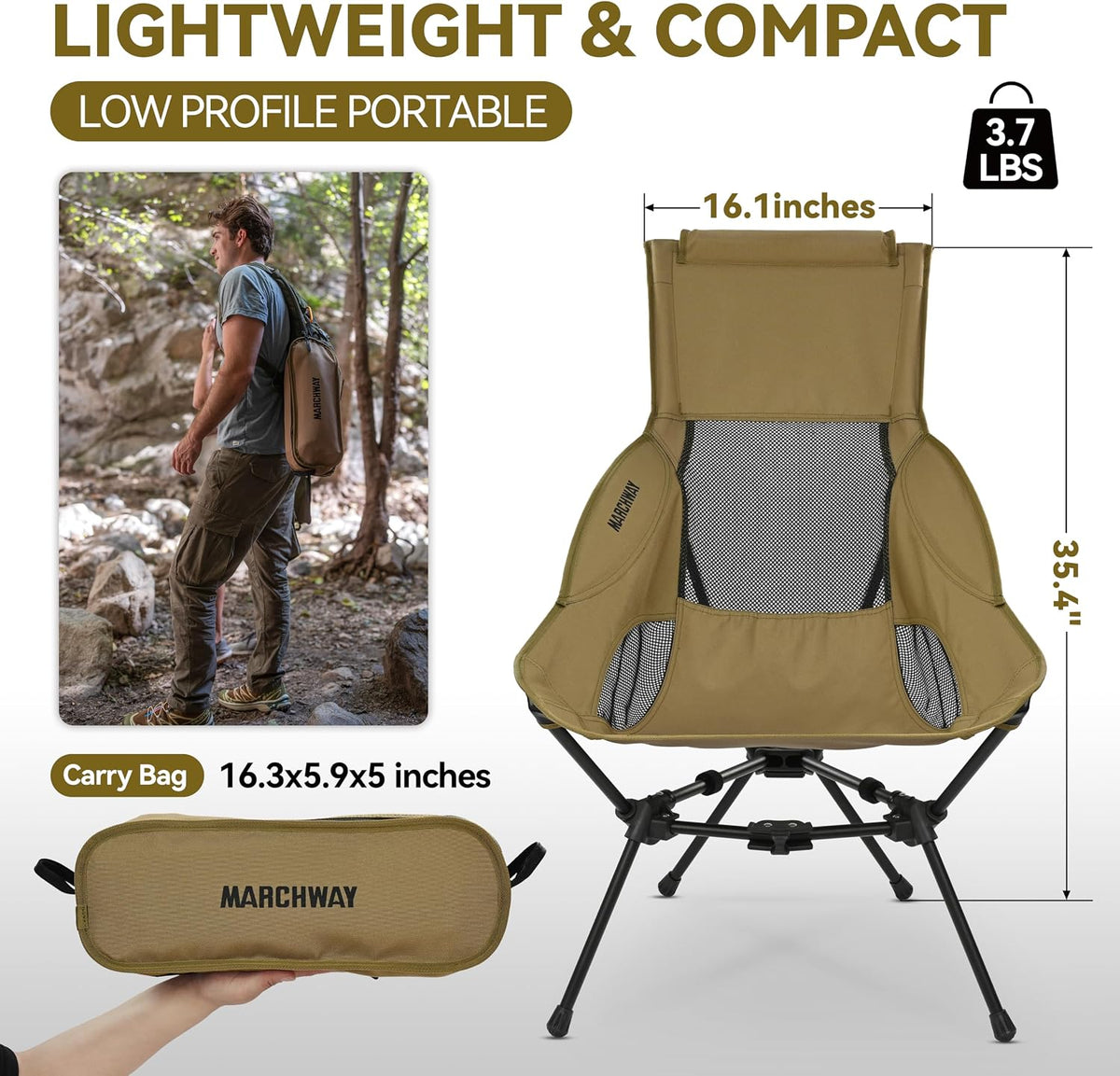 MARCHWAY Lightweight Folding High Back Camping Chair with Head Support, Stable Portable Compact for Outdoor Camp, Travel, Beach, Picnic, Festival, Hiking, Backpacking (Highback Khaki)