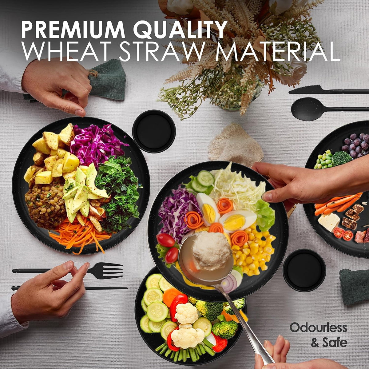 Wheat Straw Dinnerware Sets For 4 - Alternate To Black Plastic Dishes - Dishwasher Microwave Safe Plates And Bowls Sets - Unbreakable Wheat Straw Plates And Bowls - Camping Dishes