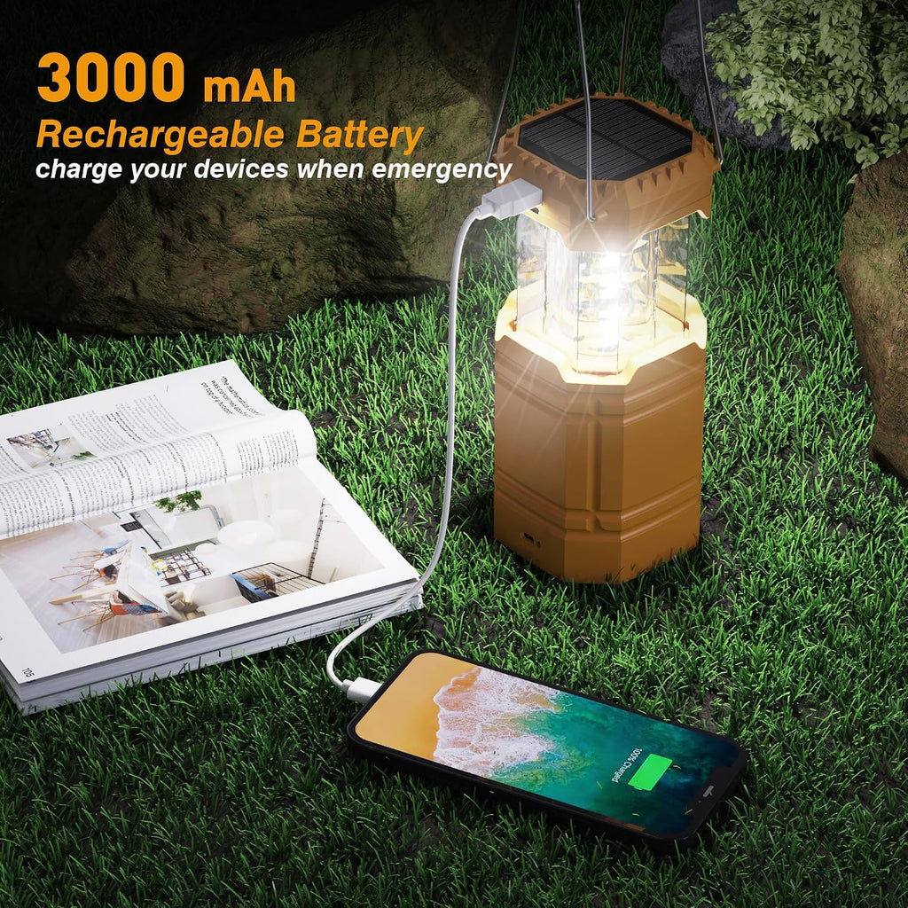 Electric LED Camping Lantern, Portable 3000mAh Solar Hand Crank Flashlight