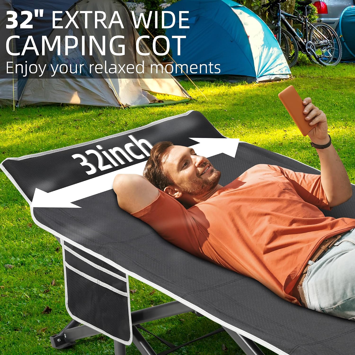 Fragess Portable Camping Cot, 32" Extra Wide Camping Cots for Adults with Thick Mattress, Heavy Duty Sleeping Cot Holds Up to 600LBS, Cots for Sleeping, Rv, Beach, Patio, Office Naps(Grey)