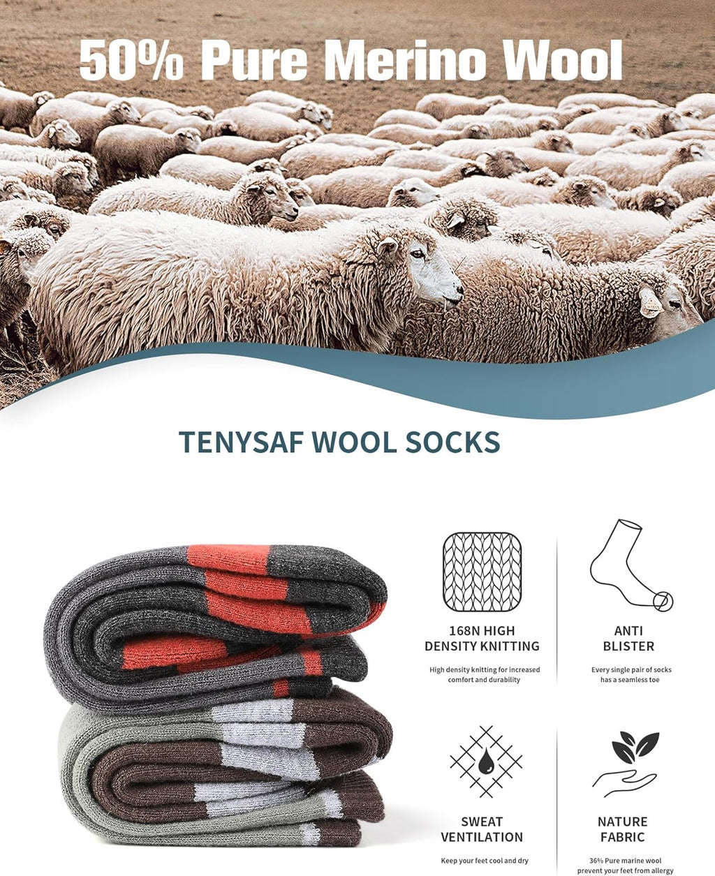 Wool Hiking Socks for Men - Women Lightweight Crew Merino Wool Socks with Cushion for Camping Hunting Work,4 pack