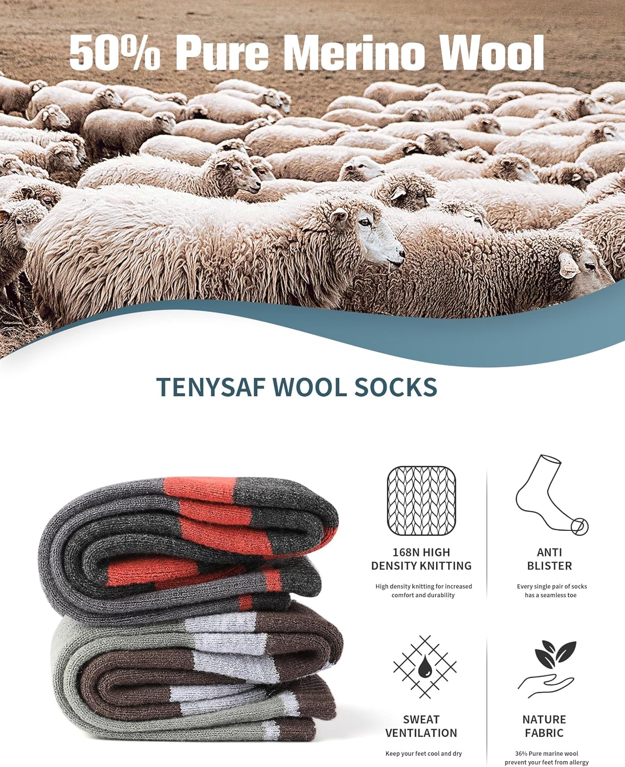 Wool Hiking Socks for Men - Women Lightweight Crew Merino Wool Socks with Cushion for Camping Hunting Work,4 pack