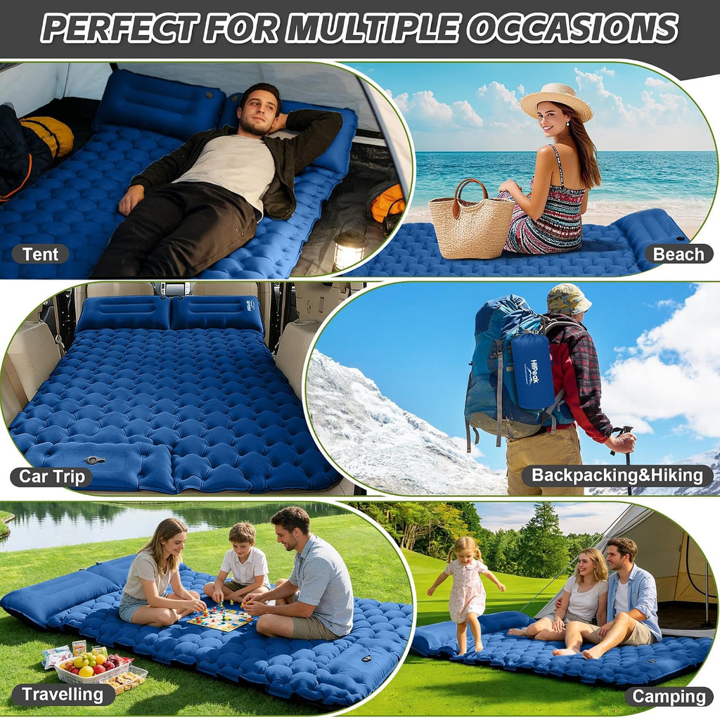 HiiPeak Double Sleeping Pad for Camping - Suede Top Camping Mattress with Pillow, Built-in Foot Pump, Compact Inflatable 2-Person Portable Mat for Backpacking, Hiking, Car Traveling, Beach, Tent