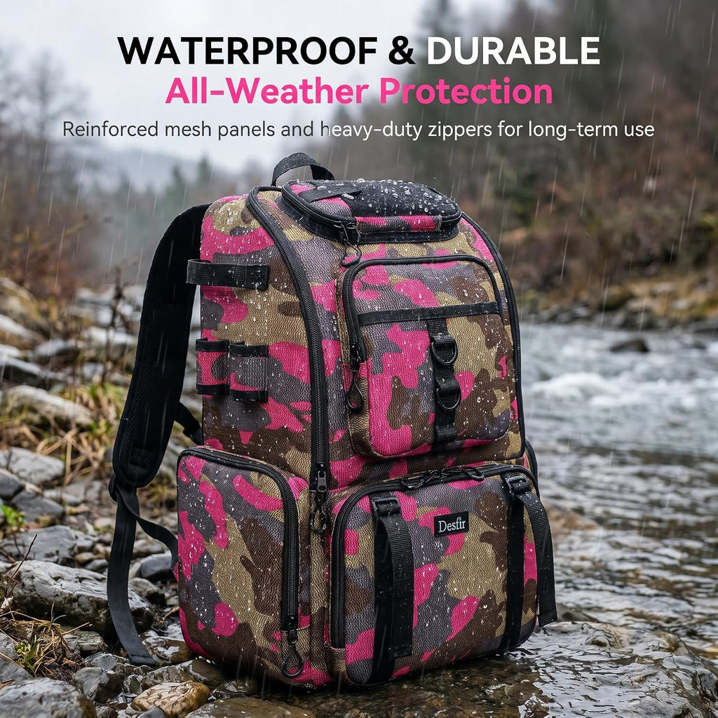 Handor Fishing Tackle Backpack, 50L Capacity, Waterproof Fishing Gear Bag (Camouflage Rose)