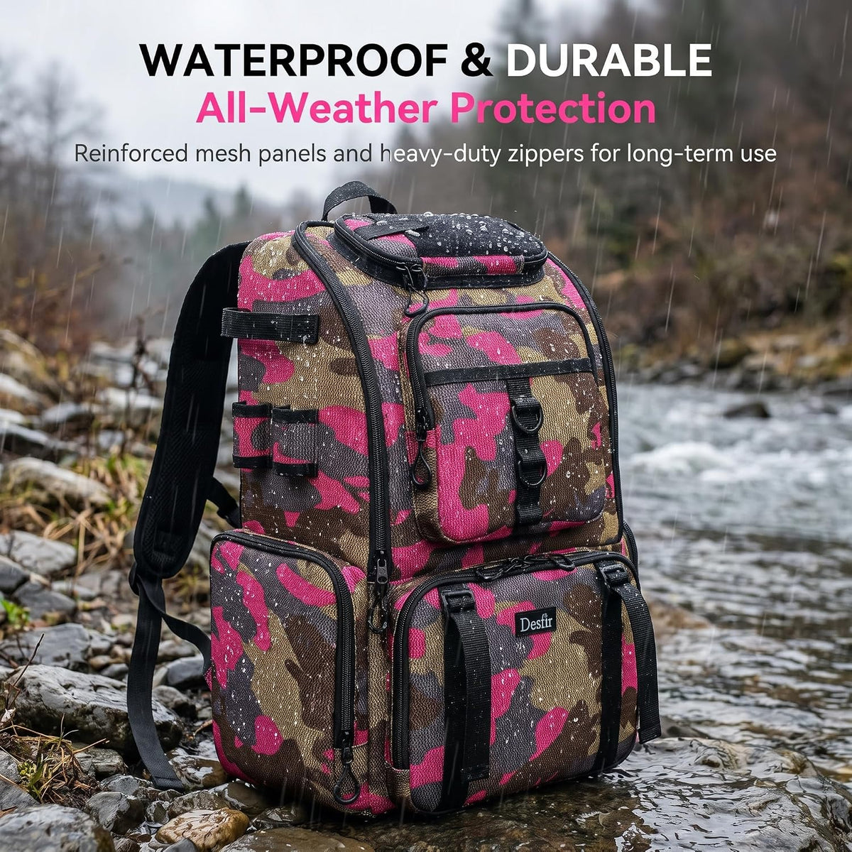 Handor Fishing Tackle Backpack, 50L Capacity, Waterproof Fishing Gear Bag (Camouflage Rose)