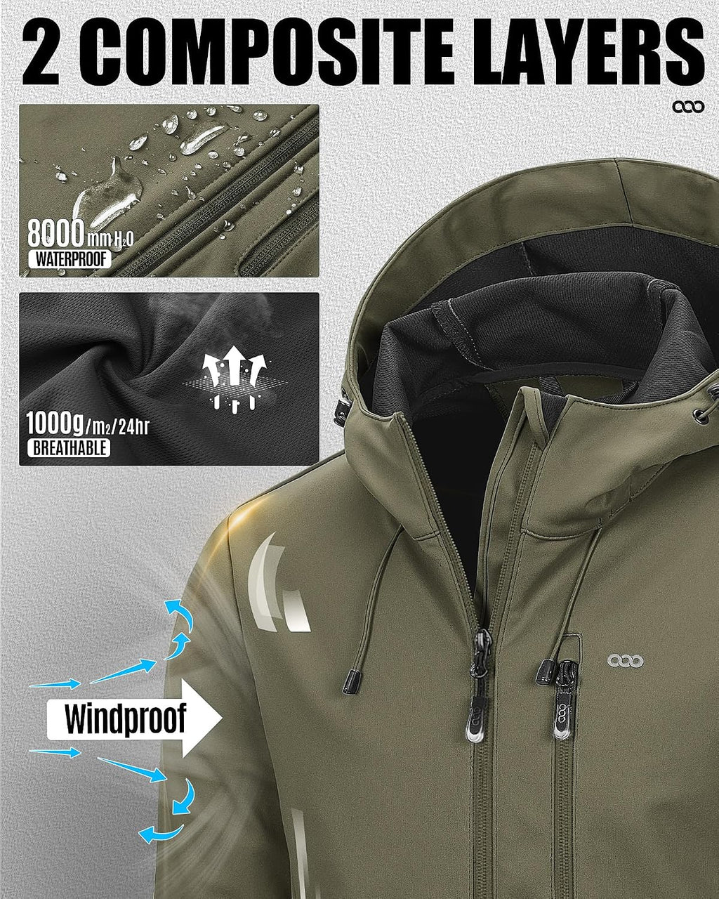 33,000ft Men's Softshell Jacket Hooded Waterproof Windbreaker Rain Jacket