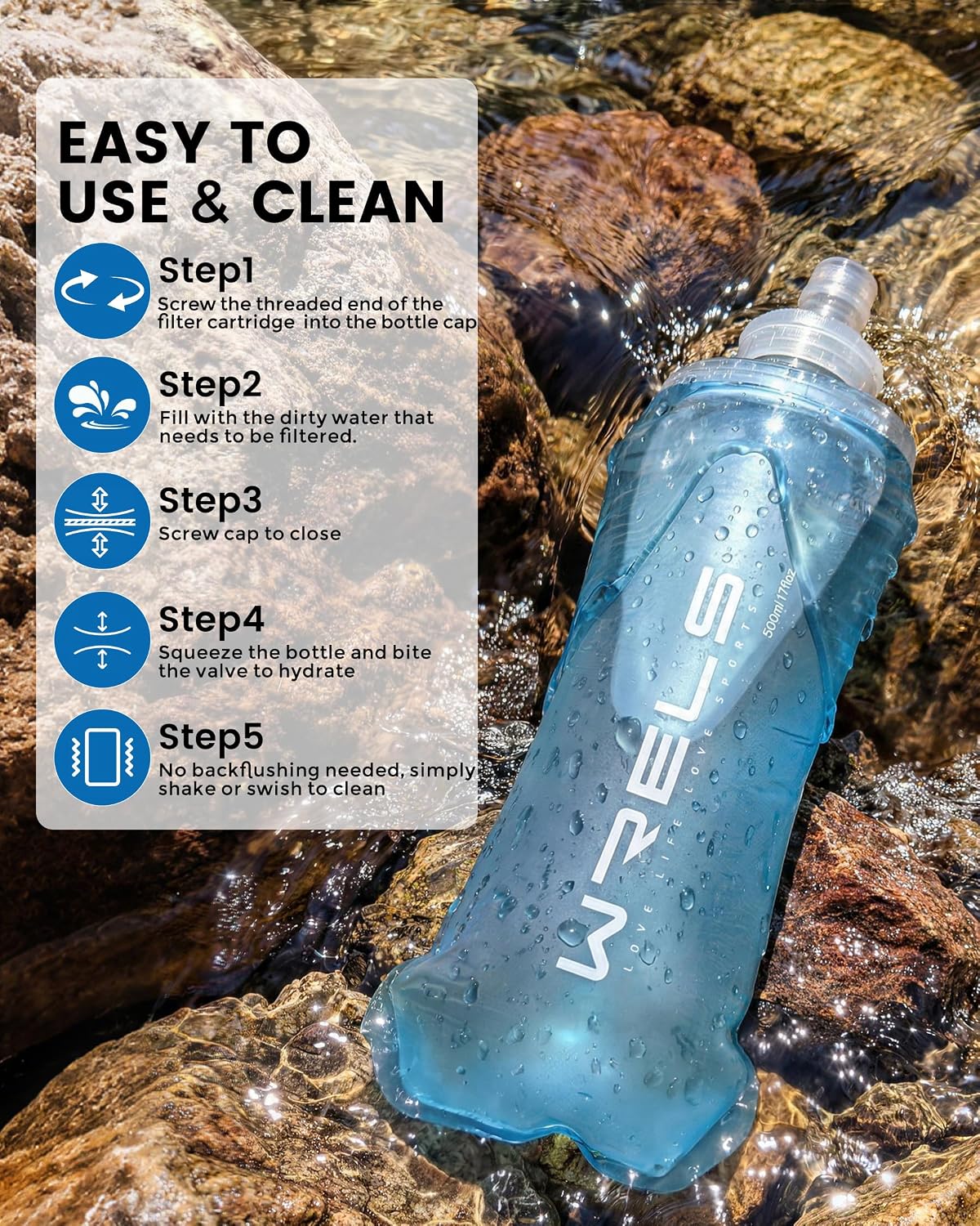WRELS Collapsible Squeeze Bottle Filter,NSF/SGS Certified,500ml Ultralight Portable Water Filter for Camping,Hiking,Backpacking. (Dark Blue)