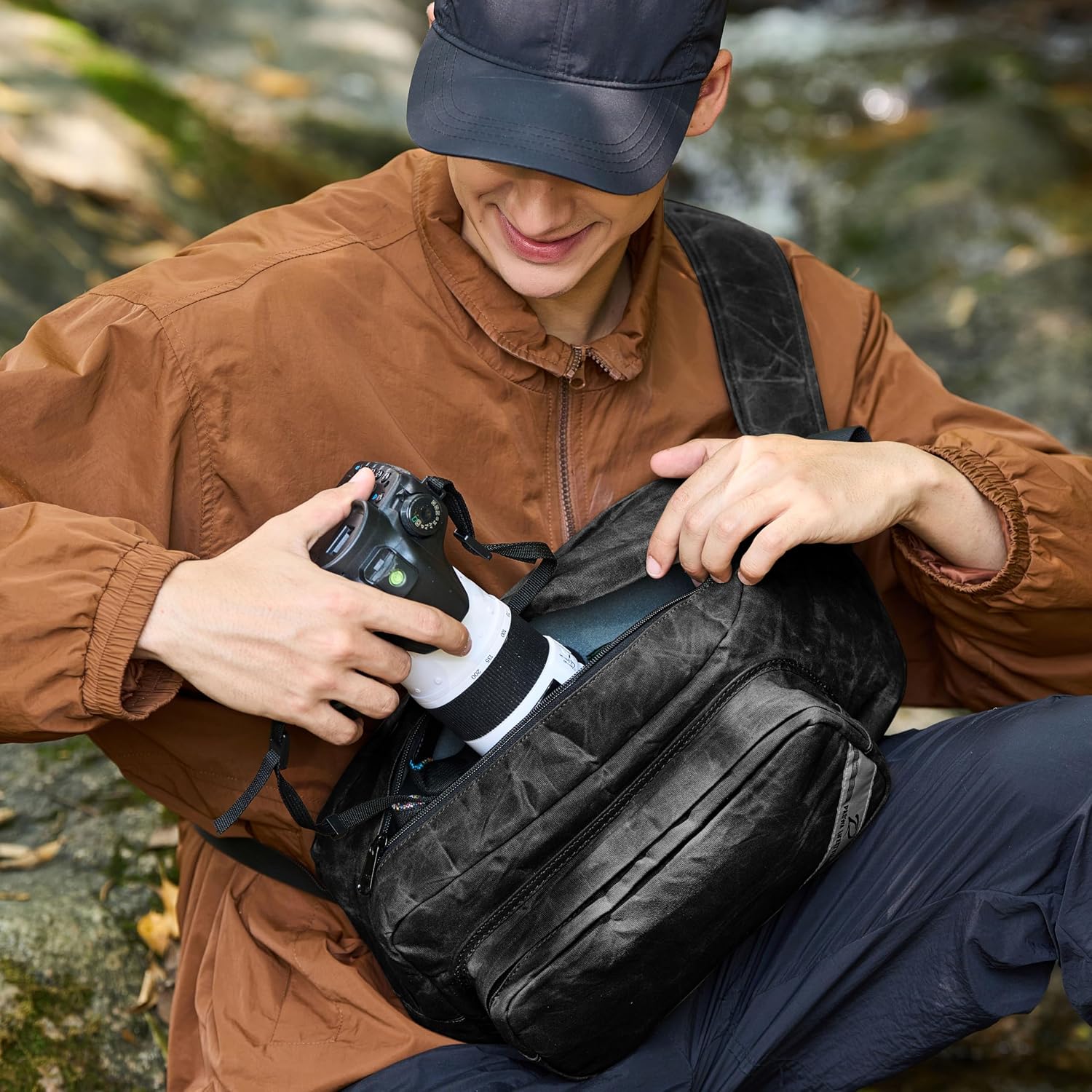 Padwa Lifestyle Black Crossbody Camera Bag - Waxed Memory Canvas Compact Camera Sling and Crossbody Bag with Fast Access,Versatile Lightweight Everyday Bag Great for Photographers Travel,Photography