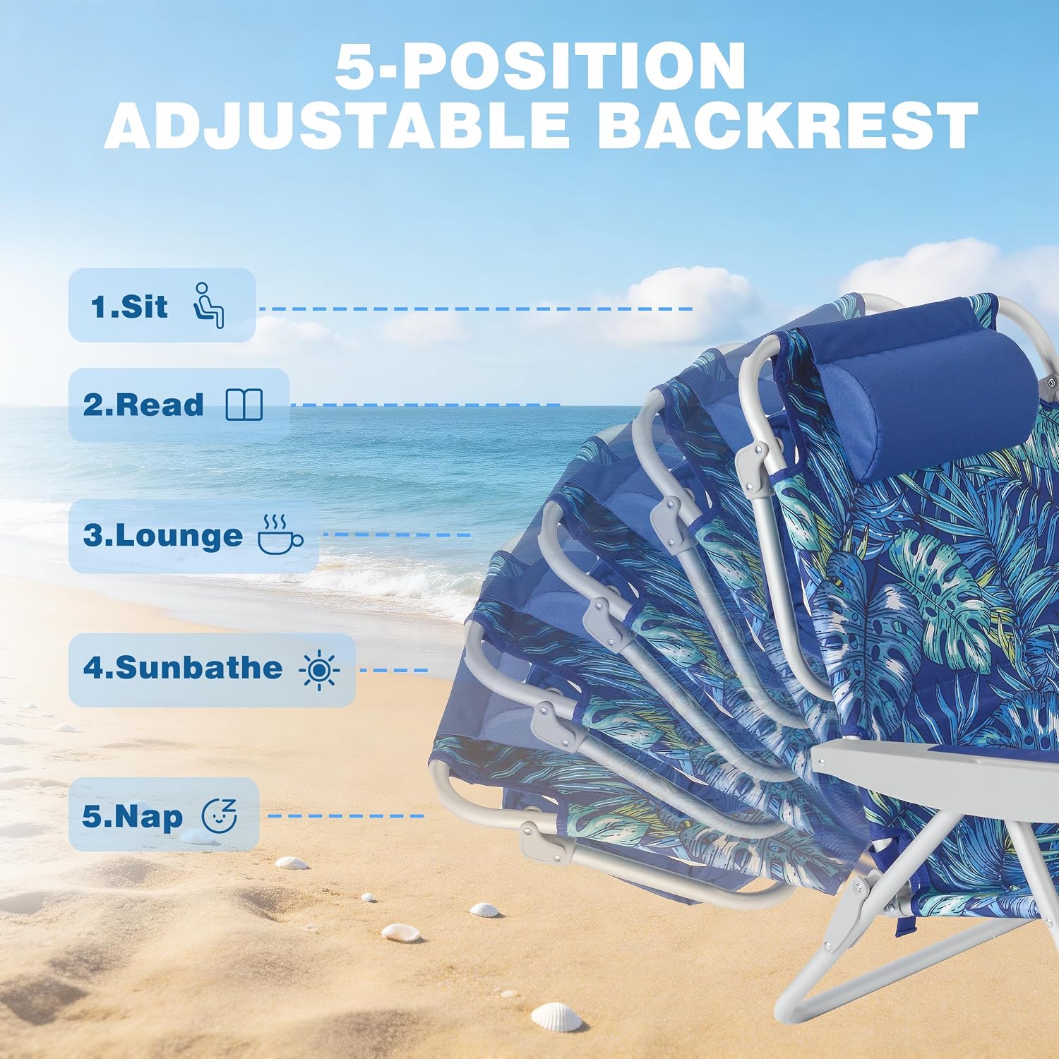 SUNNYFEEL Extra Wide Low Beach Chair 2 Pack 5 Position Lay, XL Oversized Portable Folding Camping Chairs with Cup Holder for Outdoor/Sand, Foldable Backpack Beach Chair for Adults Heavy Duty 500 LBS