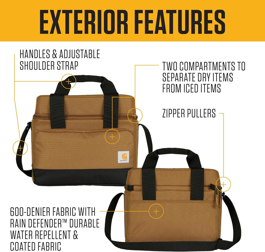 Carhartt Insulated Two Compartment Cooler, Durable Water Repellent Material W/Front Zippered Pocket for Camping, Beach & Travel