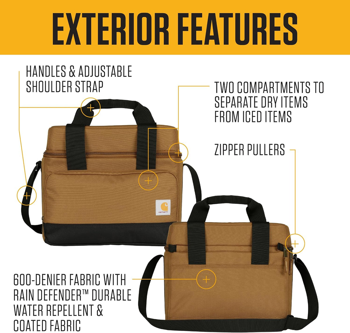 Carhartt Insulated Two Compartment Cooler, Durable Water Repellent Material W/Front Zippered Pocket for Camping, Beach & Travel
