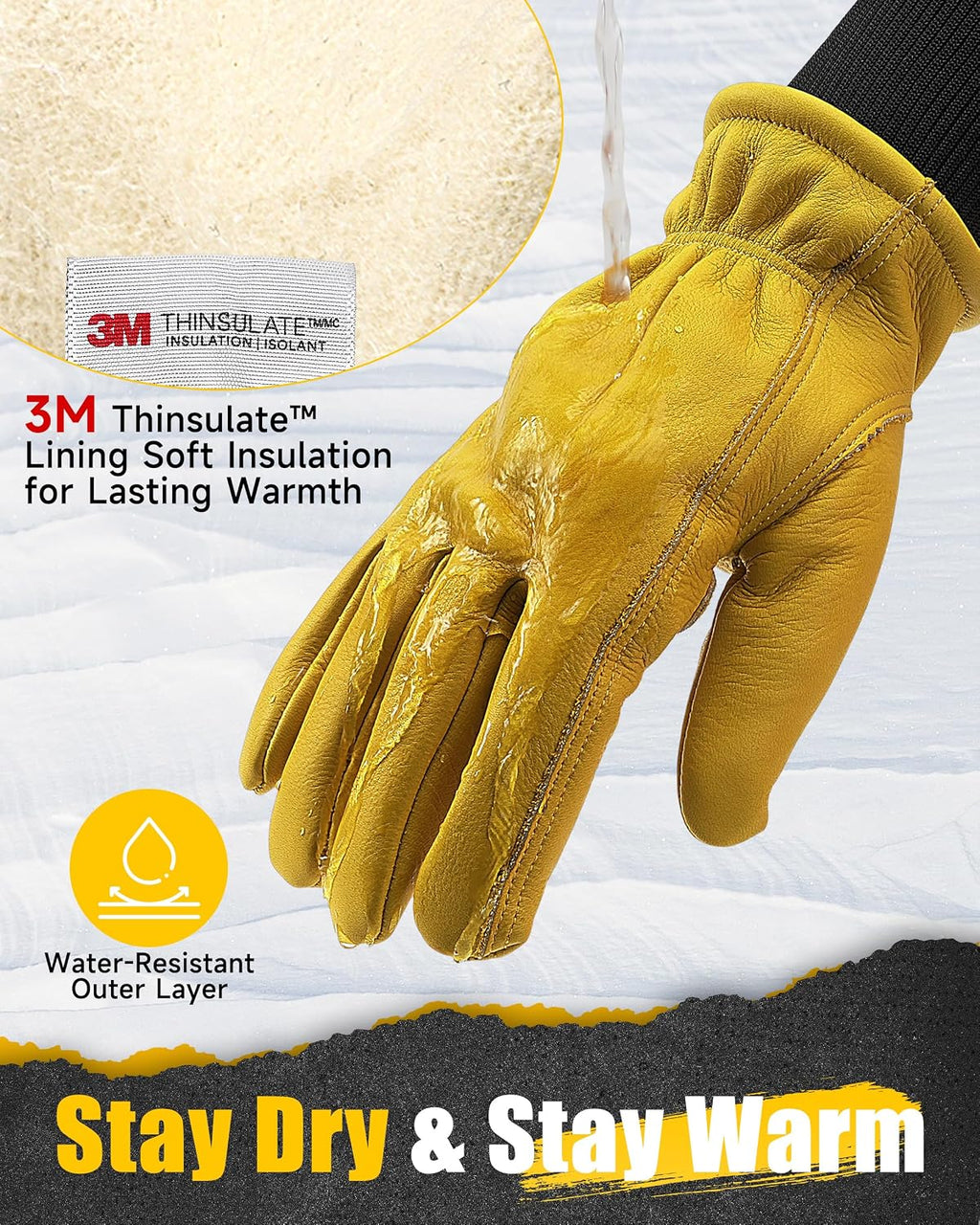 DULFINE Winter Insulated Cowhide Leather Work Gloves for Men and Women
