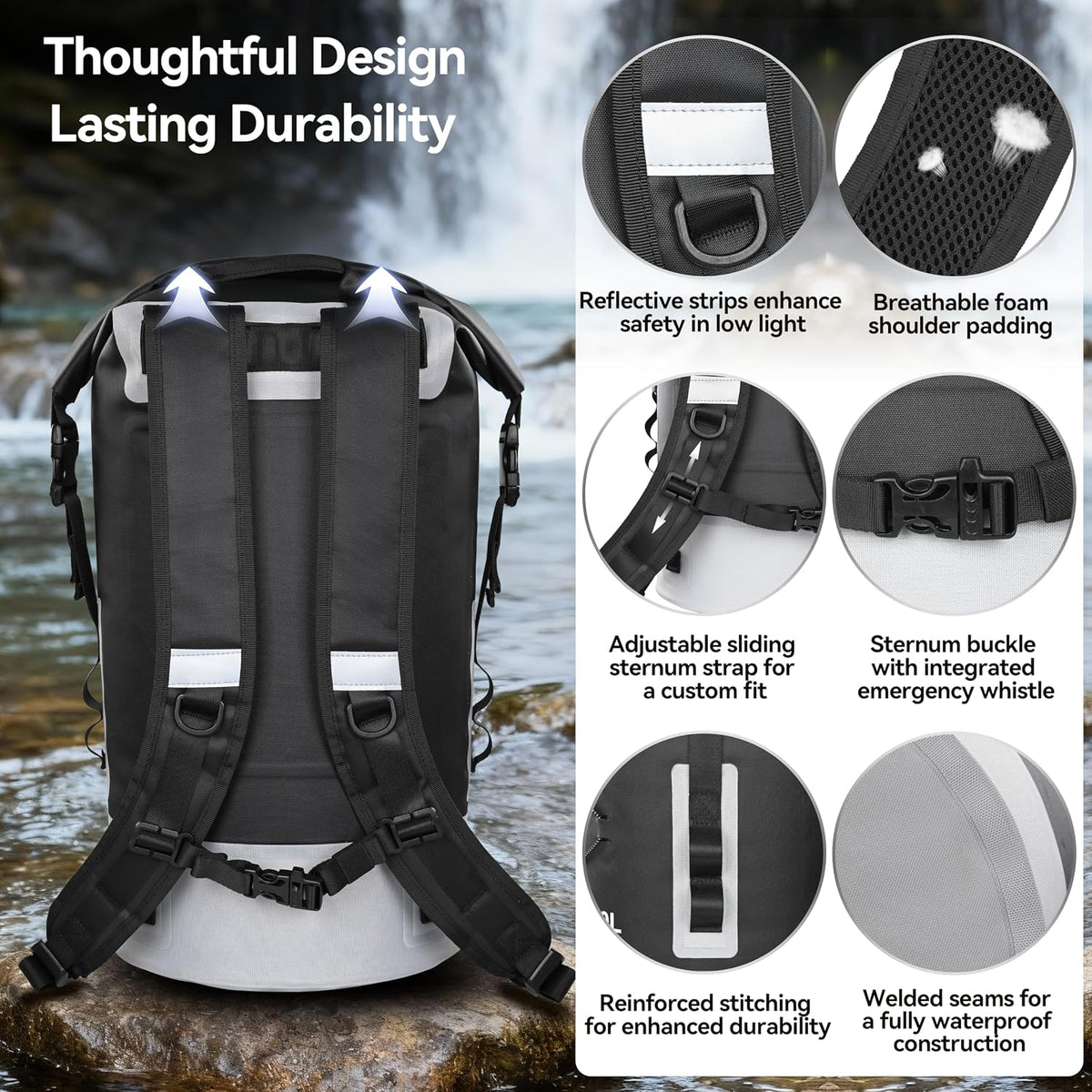 MARCHWAY Floating Roll Top Dry Bag, Flexible Lightweight TPU-coated Nylon Waterproof Backpack 20L/30L/40L with Padded Straps for Boating, Kayaking, Swimming, Hiking, Beach (Black, 30L)