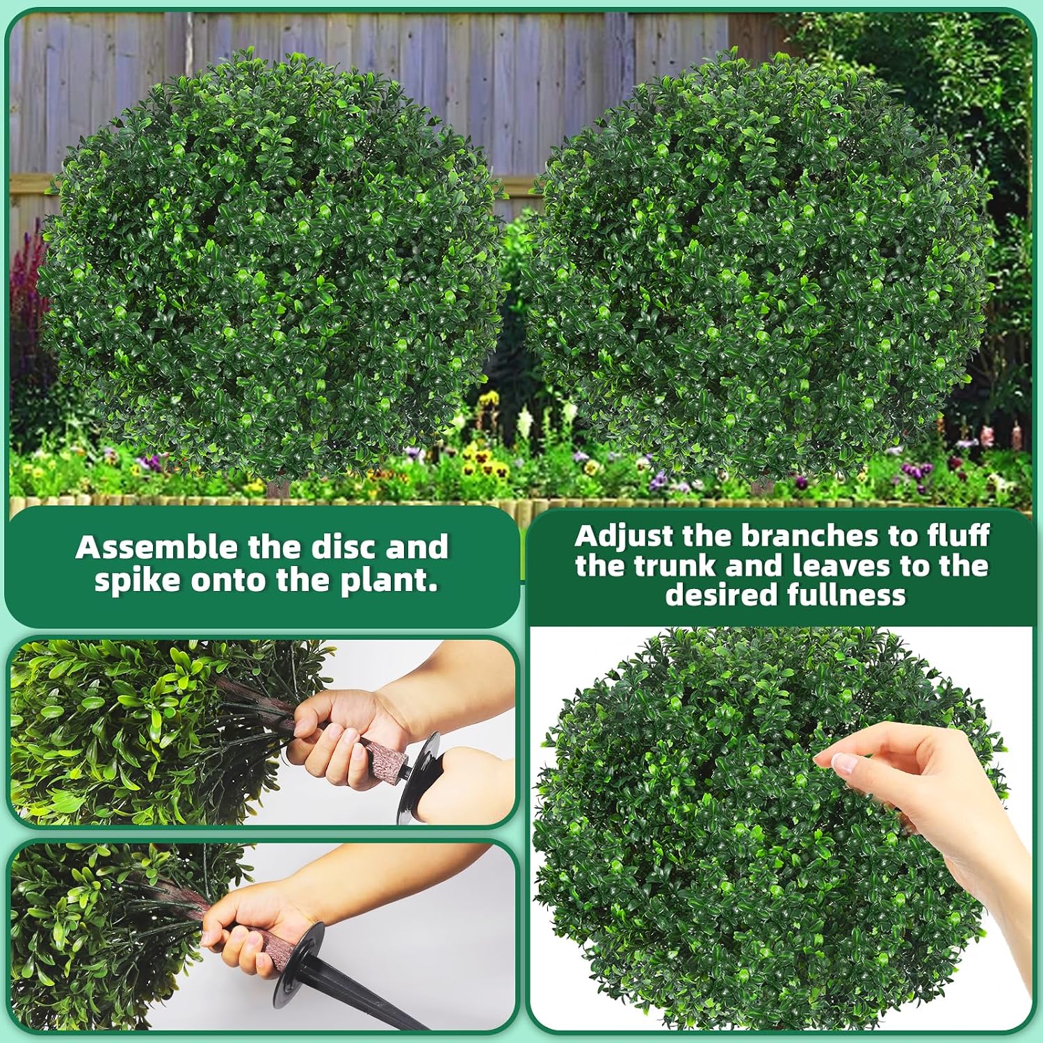 27.5" Artificial Boxwood Topiary Ball Tree, Set of 2 Fake Bushes Shrubs with Ground Spike, UV Resistant Faux Evergreen Boxwood Trees for Front Porch Planters Outdoor Garden Decor
