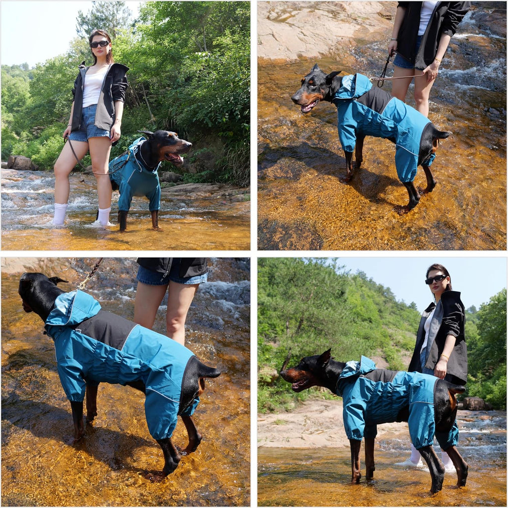 LOVELONGLONG Waterproof Dog Raincoat with Removable Hood – Outdoor Full Body Dog Jacket, Windproof Snowproof Shell Suit – All Season Pet Rain Gear Ocean Teal 3XL