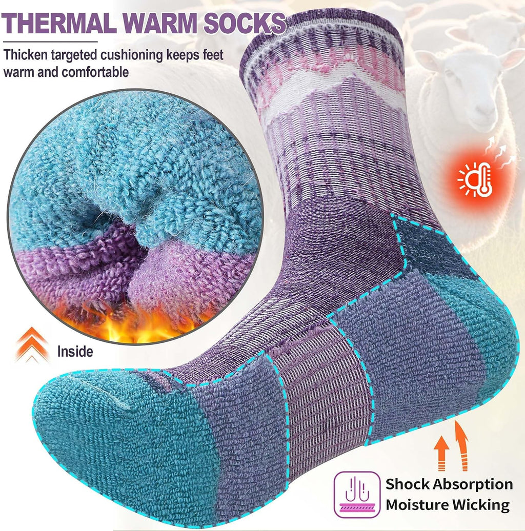 Sandsuced Merino Wool Hiking Warm Socks Thermal Winter Cozy Crew with Cushioned Sole & Moisture Wicking 5 Pairs for Women