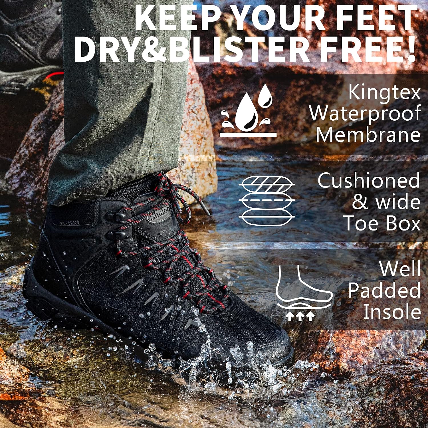 SHULOOK Men's Waterproof Hiking Boots Non-Slip Lightweight Mid Top Ankle Boot Breathable Hiker Trekking Shoes