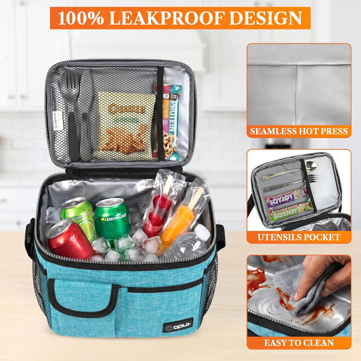 opux Insulated Lunch Box Adult, 14 Can Leakproof Cooler Bag Kid, Sea Blue