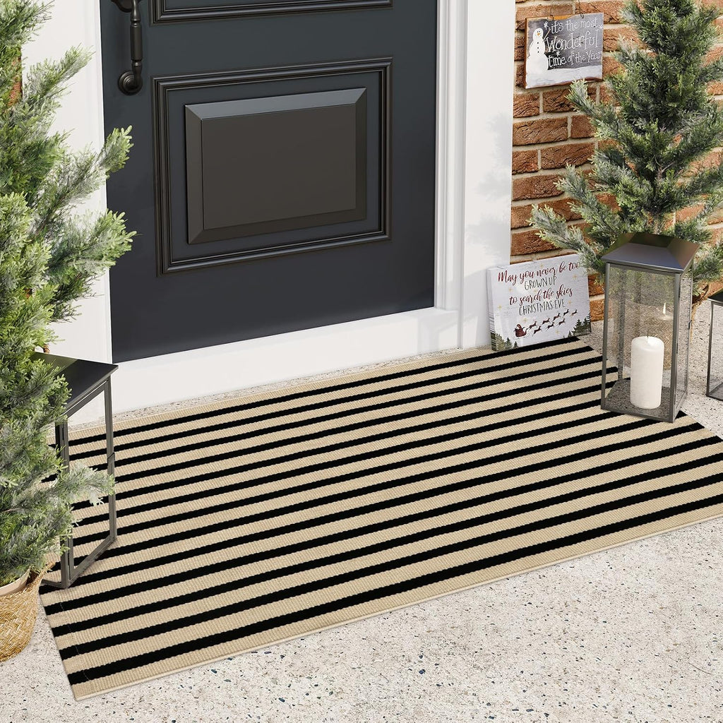 Fall Front Door Mat 2'x4.3', Cotton Washable Striped Outdoor Rug